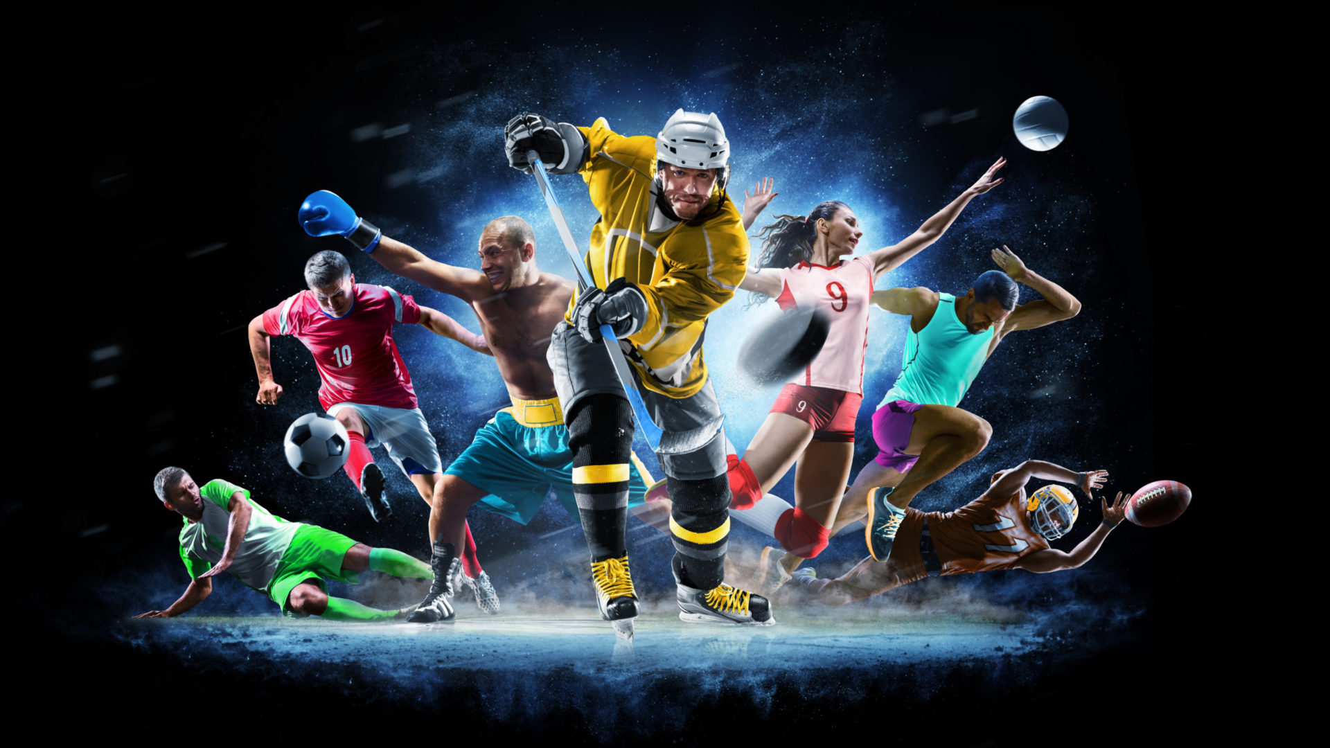 Collage football boxing soccer ice hockey isolated on black